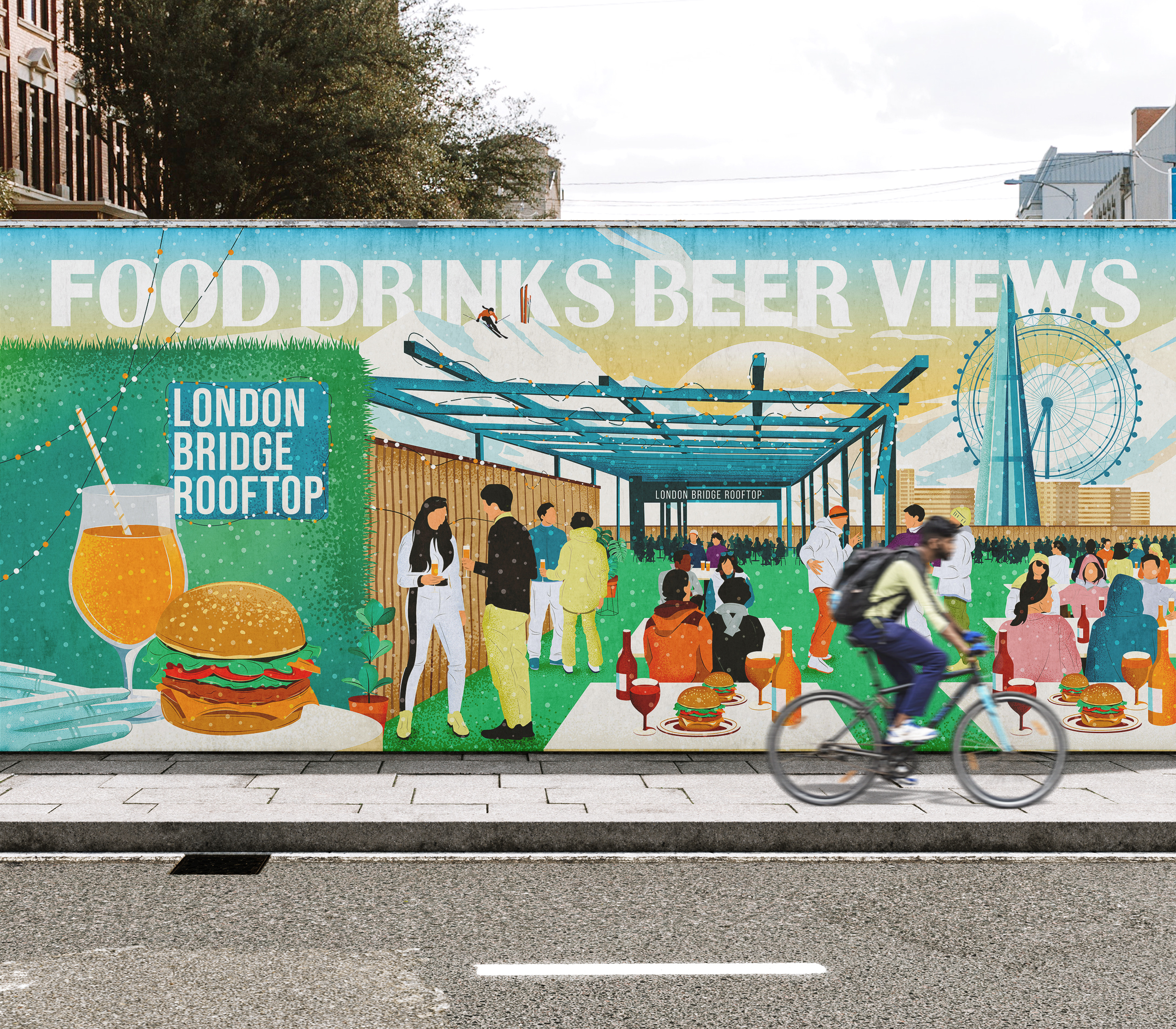 Illustrations for London Bridge Rooftop's Aprés Ski adobe illustrator advertising brand campaign cityscape illustration client project digital illustration festive design holiday campaign iconic london illustration london landmarks outdoor advertising snowy scene winter theme