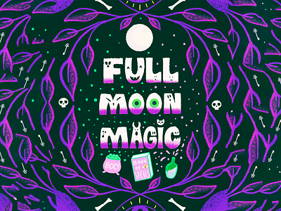 Dark-themed Digital Illustration Design bold typography creative dark dark theme dark tone design dgital illustration eye catching full moon magic illustration key elements magical mystical playful typography purple purple leaves typographic illustration typography unique