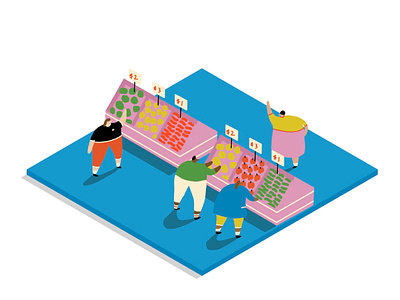 Supermarket Sweep friends fruit and veg grocery shopping helping out illustration isometric local shops people shopping shops veg