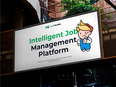 Billboard for management platform, Mascot | WorkBuddy banner billboard boy brand identity branding graphic design illustration logo logotype managment platform mascot product product design symbol talisman ui vector vector illustration visual visual identity