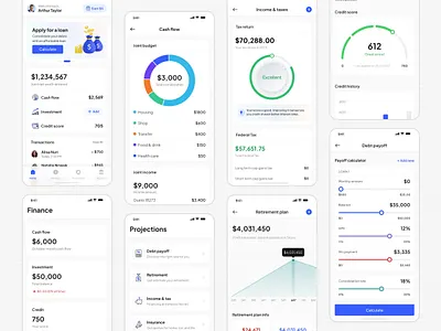 Wealth Management Mobile App Design budget tracker cash flow tracker credit monitoring credit score debt payoff finance app financial dashboard financial health financial planning fintech intuitive design investment dashboard investment insights money management retirement planner smart budgeting ui inspiration ui ux design wealth management wealth tracking