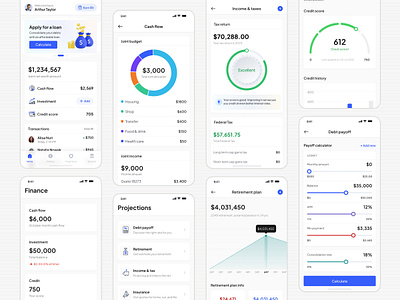 Wealth Management Mobile App Design budget tracker cash flow tracker credit monitoring credit score debt payoff finance app financial dashboard financial health financial planning fintech intuitive design investment dashboard investment insights money management retirement planner smart budgeting ui inspiration ui ux design wealth management wealth tracking