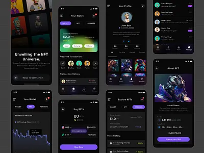 Futuristic NFT Marketplace App Design blockchain ui crypto payments crypto wallet dark mode ui dark theme digital assets ethereum marketplace finance fintech interactive profiles minimal design nft app nft rewards nft trading real time crypto tracking seamless transactions tokenized assets ui inspiration ux trends web3 design