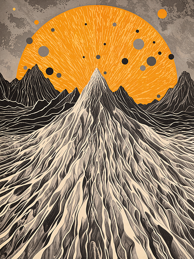 Over the Hills and Far Away abstract black illustration mountains orange planets space wallpaper white