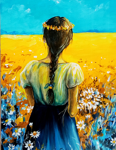 Ukrainian Patriotic Acrylic Painting – Woman in Field art field girl hand painted handmade paint painting sky ukraine woman