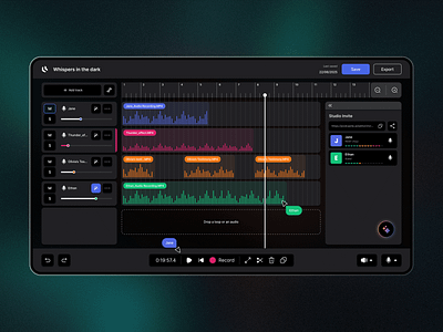 🎤 Podcast Recorder + Editor ai audio audio editor collaborate concept dark ui editor filters live panel podcast editor podcast recorder recorder tool ui ui ux uidesign wesbite