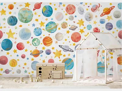 Planets, Stars & Galaxy Watercolor Design children illustration childrens room colorful cosmic design galaxy graphic design hand drawn illustration kids illustration nursery pattern planets space stars surface pattern wall mural wallpaper watercolor watercolor illustration