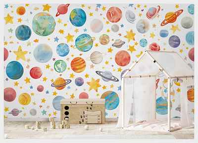 Planets, Stars & Galaxy Watercolor Design children illustration childrens room colorful cosmic design galaxy graphic design hand drawn illustration kids illustration nursery pattern planets space stars surface pattern wall mural wallpaper watercolor watercolor illustration