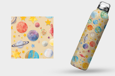 Colorful Cosmic Exploration – Watercolor Planets & Stars astronomy children illustration childrens room cosmic design galaxy graphic design hand drawn illustration planets space sport water bottle sports bottle sports water bottle stars universe wallpaper water bottle watercolor