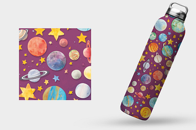 Hand-Painted Cosmic Art – Watercolor Planets & Starry Sky bottle design children illustration childrens room cosmic design galaxy graphic design hand drawn illustration nursery design planets space pattern sport bottle stars surface pattern uniiverse wallpaper watercolor watercolor illustration