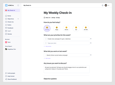 Weekly Update Check-In app design clean crm emoji figma management manager minimal objective okr product design prouctivity purple saas sidebar sidenav task to do to do list web