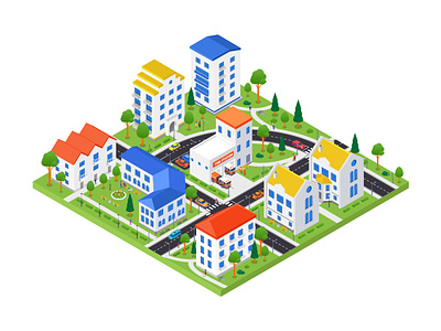 Fire station isometric illustration building city design fire station illustration infrastructure isometric isometry landscape style urban vector