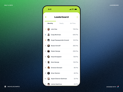 Daily UI #019 - Leaderboard 019 all time app clean clean ui concept daily 019 daily ui 019 dailyui gradient green interface leaderboard mobile monthly points pro ranking ui uidesign