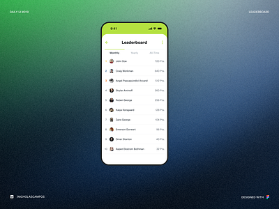 Daily UI #019 - Leaderboard 019 all time app clean clean ui concept daily 019 daily ui 019 dailyui gradient green interface leaderboard mobile monthly points pro ranking ui uidesign