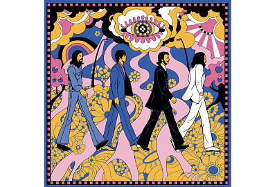 Take a stroll down Abbey Road abbey road beatles character digitalart eye flowers fun graphic illusion illustration linework music muti photoshop pink thebeatles trippy whimsical yellow