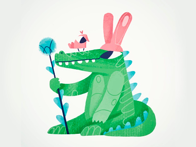 Bunny WannaBe bird bunny character crocodile cute flower funny green hat illustration pink procreate sketch texture