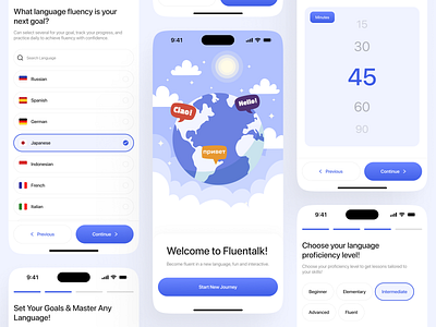 Fluentalk - Language Learning Apps clean course design dictionary flag illustration language language app language learning learning learning app mobile mobile app onboarding onboarding page product design reading speaking study translate