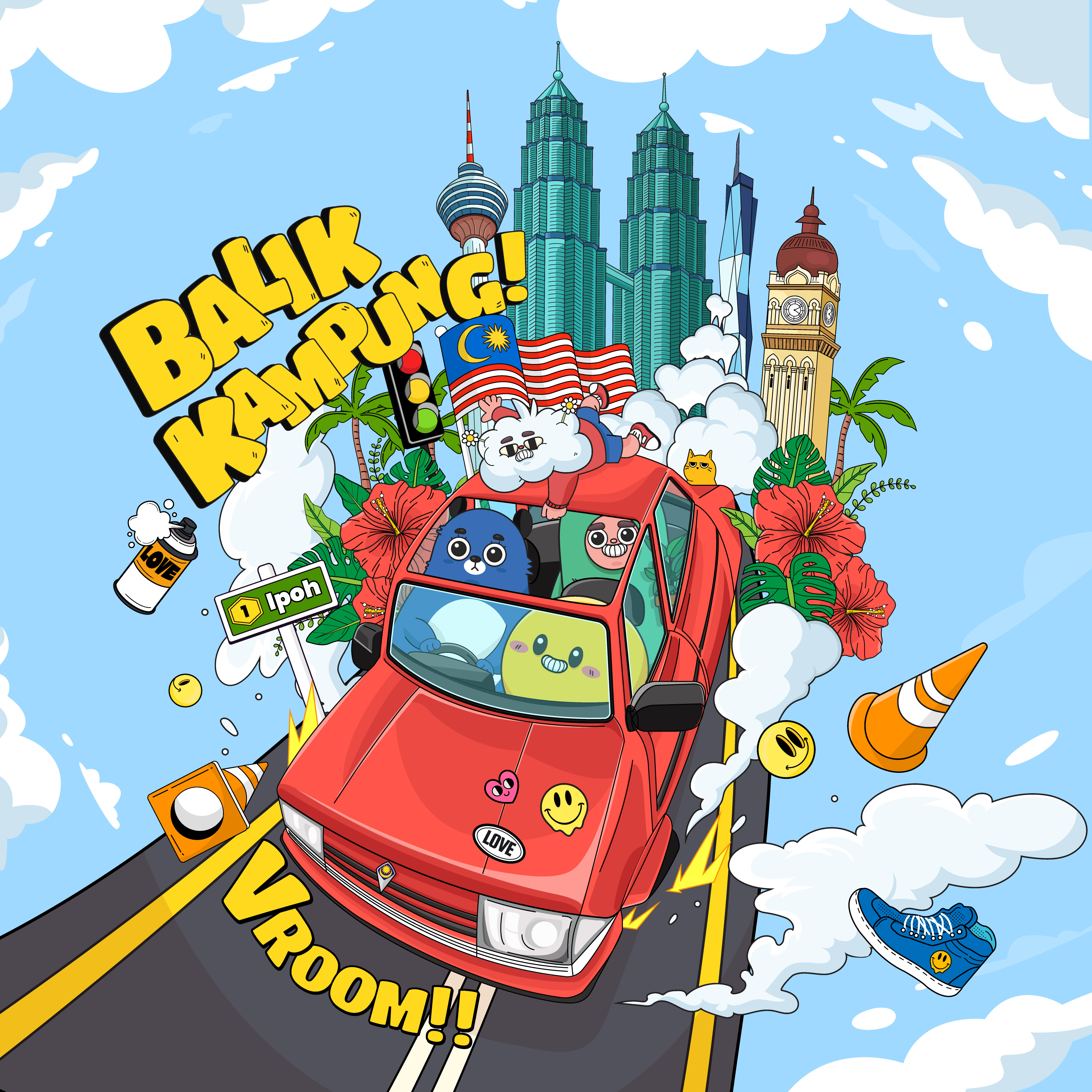 Balik Kampung – The Raya Journey 🚗💨✨ character design digital art hari raya illustration art malaysia malaysia illustration ramadan raya illustration