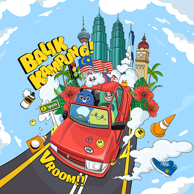 Balik Kampung – The Raya Journey 🚗💨✨ character design digital art hari raya illustration art malaysia malaysia illustration ramadan raya illustration