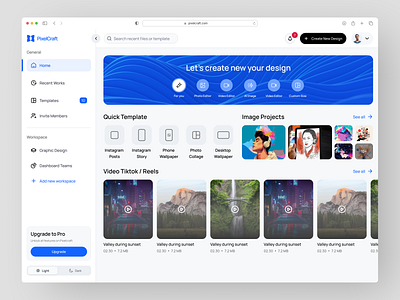 Pixelcraft - Design Editor Dashboard 3d ai art branding builder clean dashboard design editor graphic design maker marketing minimalist responsive ui video website