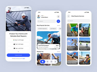 Roofing Services Mobile App app design app redesign booking app cleaning home services mobile mobile app mobile design modern app ui popular repairing repairing services roof services roofing services services app ui ui ux design user interface ux