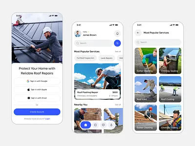 Roofing Services Mobile App app design app redesign booking app cleaning home services mobile mobile app mobile design modern app ui popular repairing repairing services roof services roofing services services app ui ui ux design user interface ux