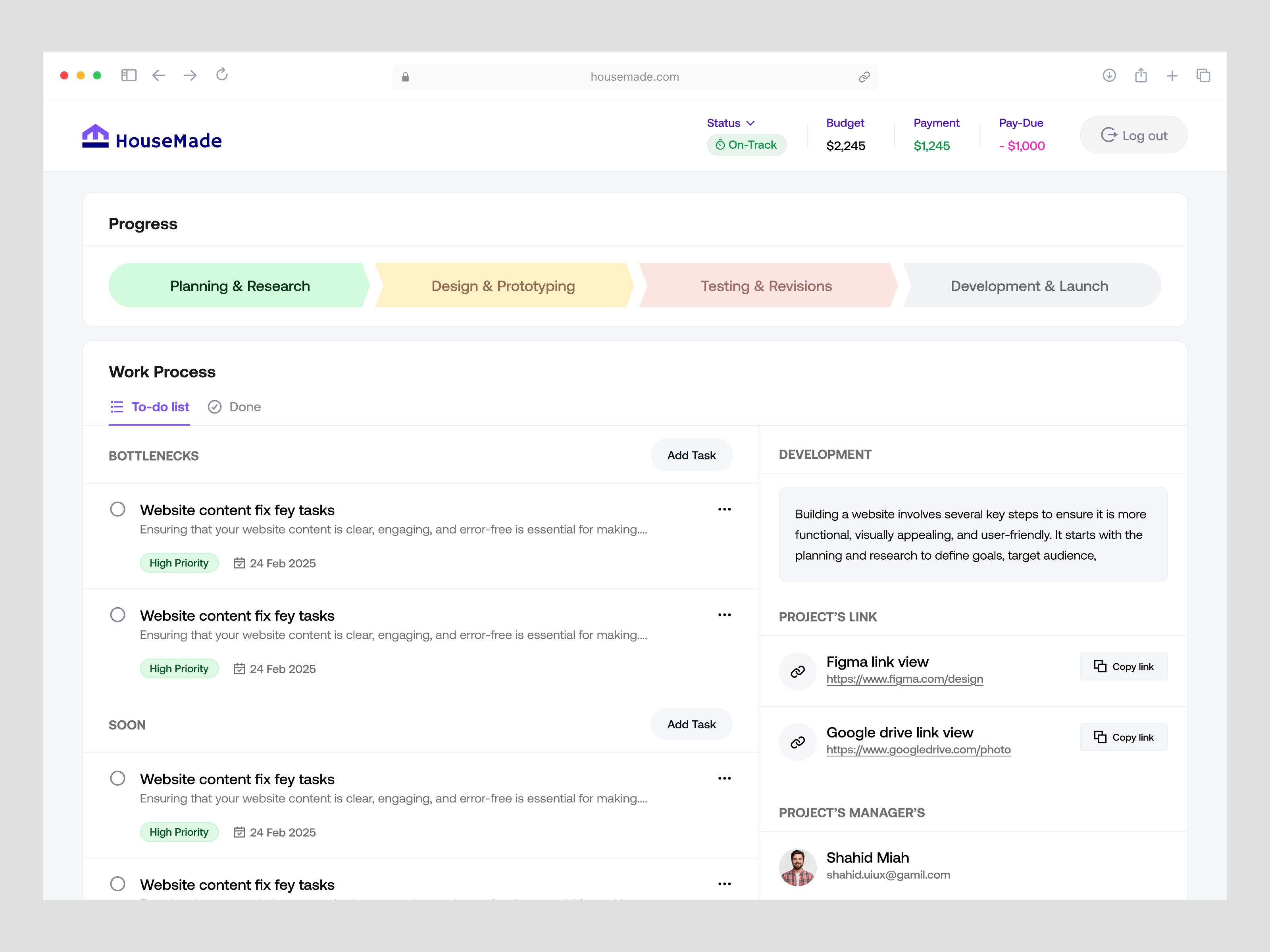 Example of Real Estate Project Management Dashboard UI UX