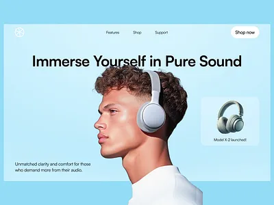 Headphone Brand Hero Section blue color website design clean website design headphone company website heaphone company website design minimal website design music company website speaker company website web design