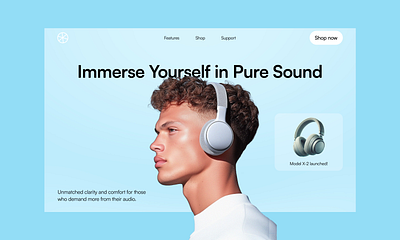 Headphone Brand Hero Section blue color website design clean website design headphone company website heaphone company website design minimal website design music company website speaker company website web design