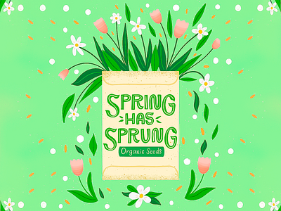 Nature-Inspired Green Digital Design bold typography cheerful color palett creative floral elements flowers graphic design green green background modern nature inspired organic seeds playful font seed packet seedelements seeds spring has sprung spring inspired spring vibes tulips typography