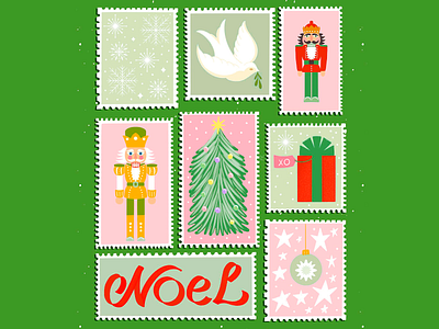 Christmas Postage Stamps Design cheerful christmas christmas details christmas elements christmas related christmas theme christmas themed stamps color match colorful colorful stamps creative creativity green background holiday stamps holiday vibe playful postage stamps stamp design stamps