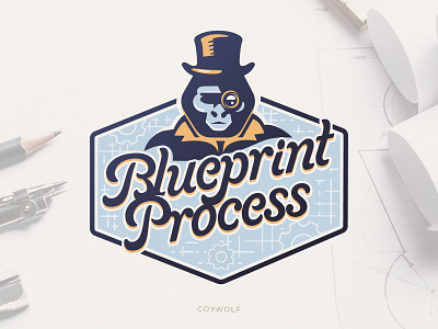 Blueprint Process Ape Badge ape appraisal badge blueprint chimp cursive emblem gentleman gorilla icon jeweler logo logodesign monacle smart steampunk tophat typography wisdom