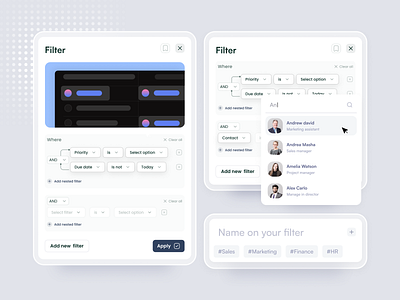 CRM filtering component desin crm crm design crm filtering filter interaction design popup design product design uiux uiux design
