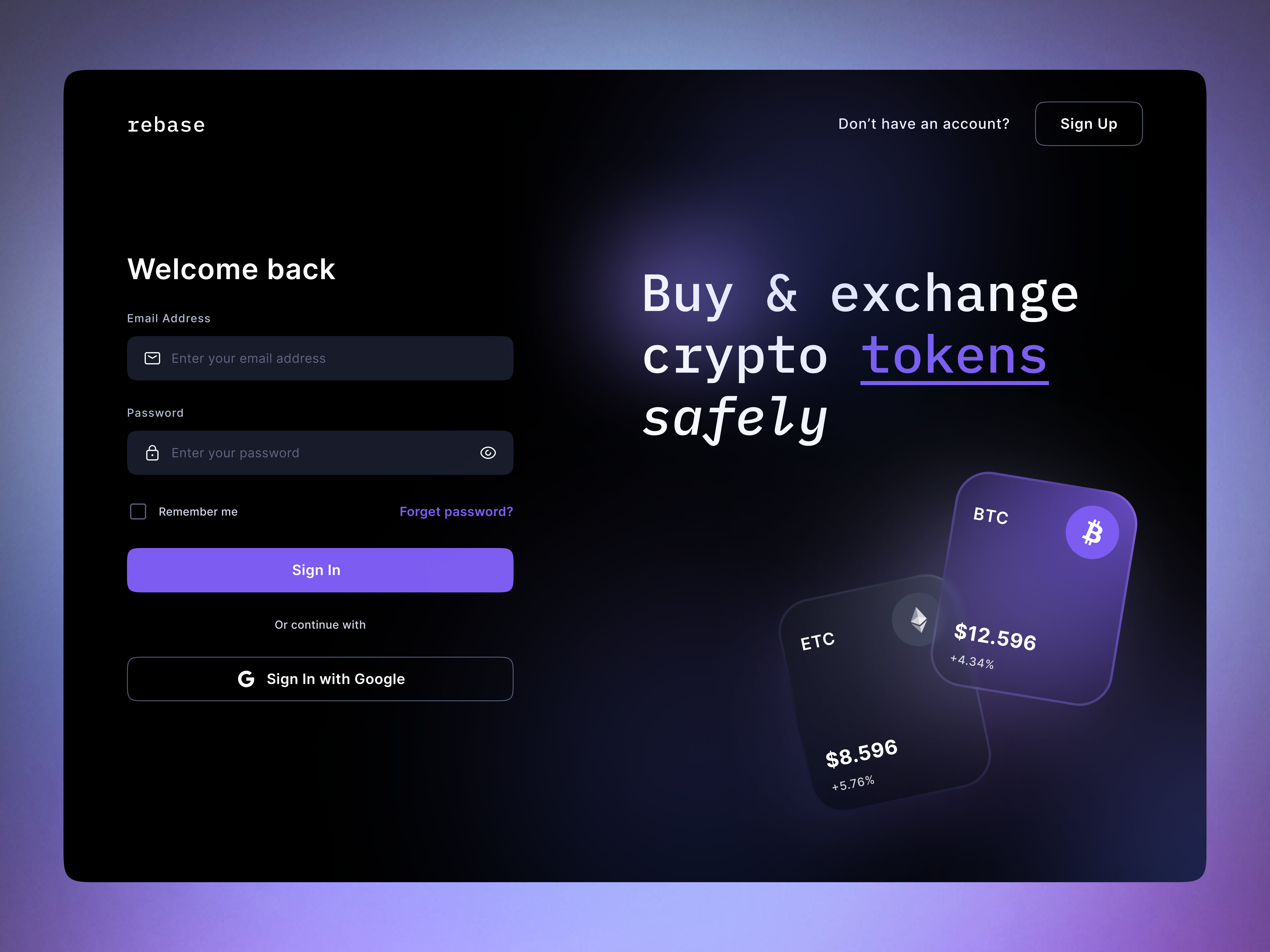 Sign In Form for Crypto Platform accountcreation app box button card clean cryptocurrencies dailyui dark darkmode dashboard illustration sign in simple violet webapp