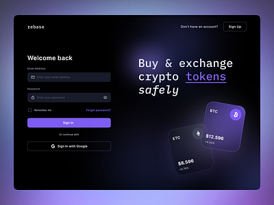 Sign In Form for Crypto Platform accountcreation app box button card clean cryptocurrencies dailyui dark darkmode dashboard illustration sign in simple violet webapp
