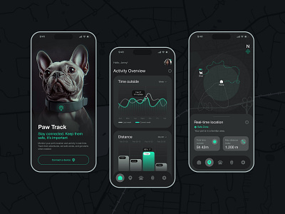 Paw Track - Pet Tracking App app concept dark dark theme design map mobile mobile app mobile design navigation pet pets tracker ui uiux ux