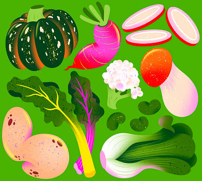 Seasonal Spring Veggies bokchoi cauliflower eat seasonal food illo illu illustration mushroom pumpkin radish seasonal spring spring veggies texture vegetables veggies