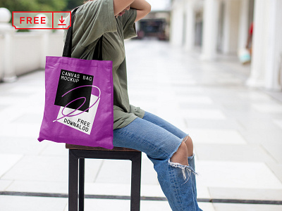 Free Women with Canvas Bag Mockup bag branding canvas bag design download free freebie identity logo mockup psd template typography