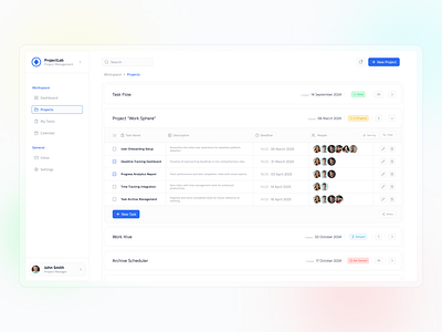 Task Management Dashboard ⋆ Project Workspace animation b2b b2c blue crm dashboard drop down edit light menu product page saas sort table task ui ux web design web3 website