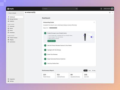 Wiserreviews - Onboarding Guide clean dashboard design figma minimal onboarding guide onboarding steps ui review app reviews product saas shopify shopify app steps ui webapp