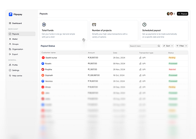 Payouts Cards → FlipoPay bento branding buttons cards chip components dashboard design fintech graphic design icons illustration logo payment gateway product design table typography ui ux vector