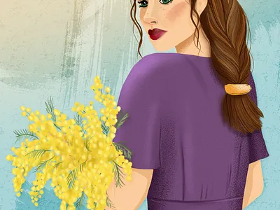 Mimosa bookcover design digital portrait drawing challenge editorial design female character female illustrator floral hand drawn illustration mimosa organic postcard procreate textured wall art