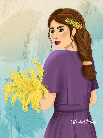 Mimosa bookcover design digital portrait drawing challenge editorial design female character female illustrator floral hand drawn illustration mimosa organic postcard procreate textured wall art