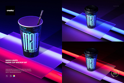 Neon Lights Paper Cup Mockup Set creator creatsy custom customizable design designed generator mock up mock ups mockup neon lights paper cup mockup set smart object template templates