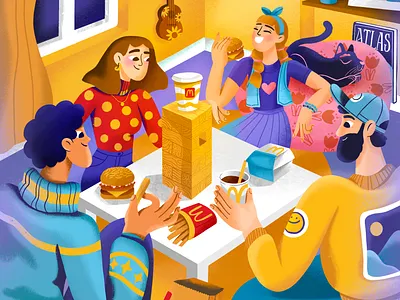 McDonald's Illustrations board game burger character cozy fast food food fries home illustration jenga living room mcdonalds photoshop procreate texture warm