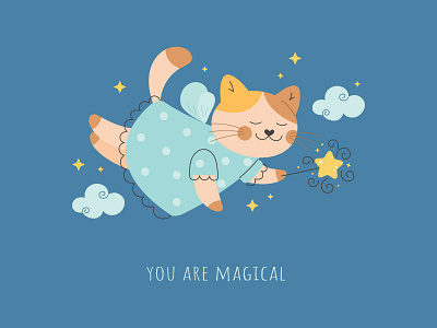 Fairy tale cat with a magic wand and wings.Children magic poster design fairy tale graphic design illustration print vector