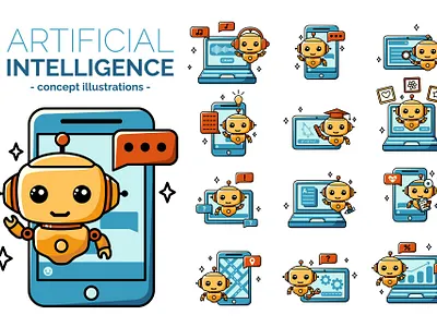 Using AI - 12 concept illustrations ai artificial intelligence assistant cartoon character chatbot concept creative market illustration robot technology vector