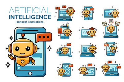 Using AI - 12 concept illustrations ai artificial intelligence assistant cartoon character chatbot concept creative market illustration robot technology vector