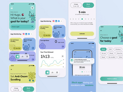 Digital detox | Mobile app app blue character design detox digital digital detox green ios mobile purple ui