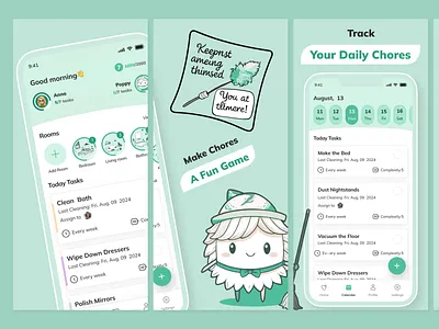 App Store Screenshots - UI/UX Mobile App - Gamified Cleaning ai app design asol design clean cleaning design figma gamification illustration iosapp manager mascot mobile app design mobile ui poppy productivity task taskmanager ui uiuxdesign